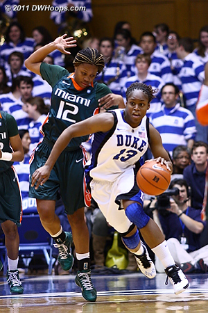Karima Christmas starts a Blue Devil fast break.  - Duke Tags: #13 Karima Christmas 