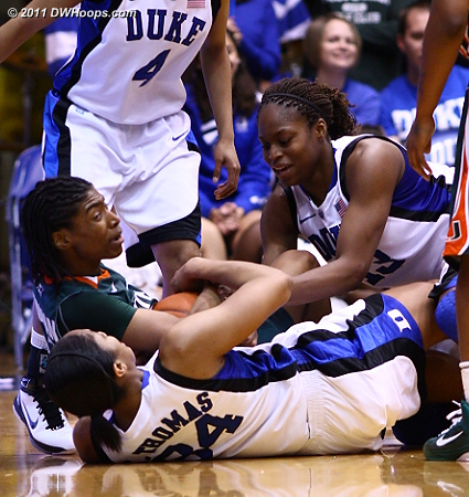 Karima Christmas (right) and Krystal Thomas tie up Morgan Stroman  - Duke Tags: #13 Karima Christmas, #34 Krystal Thomas 