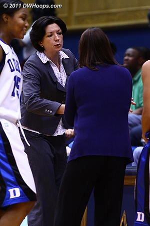 Coaches Meier and McCallie shake hands at center court  - Duke Tags: Joanne P. McCallie 