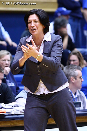 Duke alum Katie Meier applauds her Miami squad taking a 17-14 lead in the first half.  