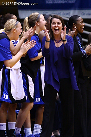 Coach P applauds Vernerey taking the charge (members see two more bench photos)  - Duke Tags: Joanne P. McCallie 