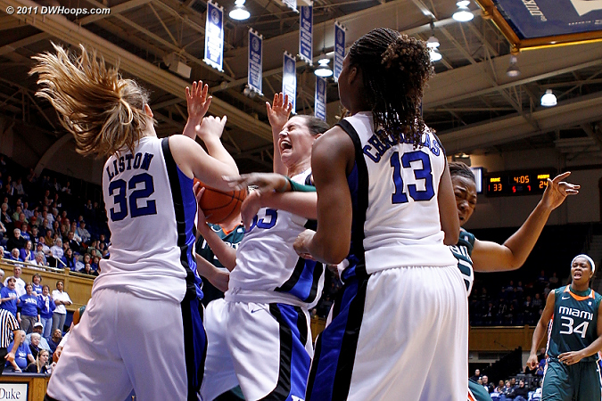 Haley Peters (center) tries to keep possession of an offensive rebound.  - Duke Tags: #33 Haley Peters 