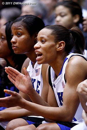 Jasmine Thomas (right), on the bench with two fouls and no points, cheers on the Duke defense  - Duke Tags: #5 Jasmine Thomas 