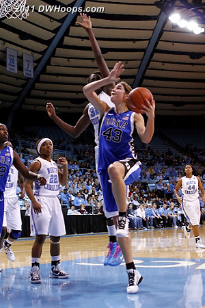 Using her right hand to shield the ball from shot blocker Waltiea Rolle, Allison Vernerey starts a left handed layup.