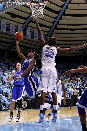After driving the length of the court, Chelsea Gray puts up a potentially game tying layup as Waltiea Rolle patiently waits for the shot block opportunity.