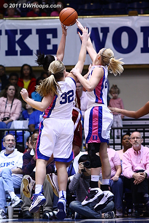 Tricia Liston (left) and Kathleen Scheer team up to force a Kristen Doherty miss  - Duke Tags: #24 Kathleen Scheer, #32 Tricia Liston 
