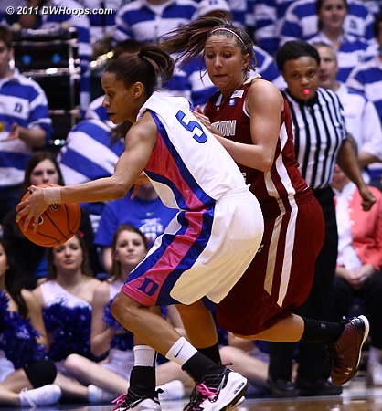 Thoman closely guards Jasmine Thomas in the closing moments of the first half  - Duke Tags: #5 Jasmine Thomas 