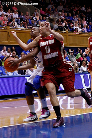 Jaclyn Thoman fouls Karima Christmas on a Duke fast break  - Duke Tags: #13 Karima Christmas 