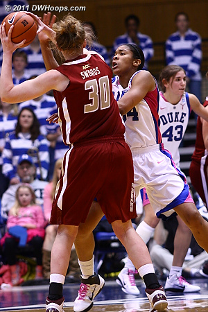 Krystal Thomas guards Carolyn Swords in the high post, well out of Swords range  - Duke Tags: #34 Krystal Thomas 