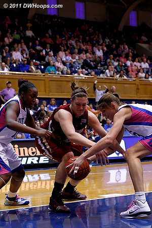 Chelsea Gray (left), Stefanie Murphy, and Allison Vernerey go for a loose ball at Duke's offensive end  - Duke Tags: #12 Chelsea Gray, #43 Allison Vernerey 