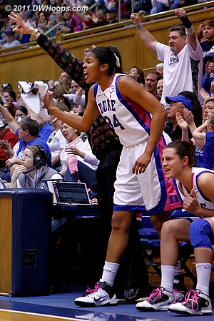 Krystal Thomas cheers from the bench after Selby's basket  - Duke Tags: #34 Krystal Thomas 