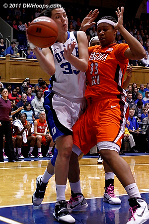 Haley Peters found a way to get the ball past Harrison to Jasmine Thomas, who hit a three pointer  - Duke Tags: #33 Haley Peters 