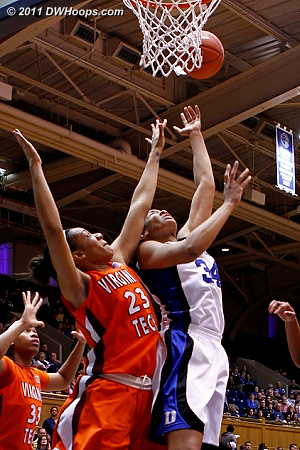 Krystal tries to stick back a Wells miss, guarded by Brittany Gordon  - Duke Tags: #34 Krystal Thomas 