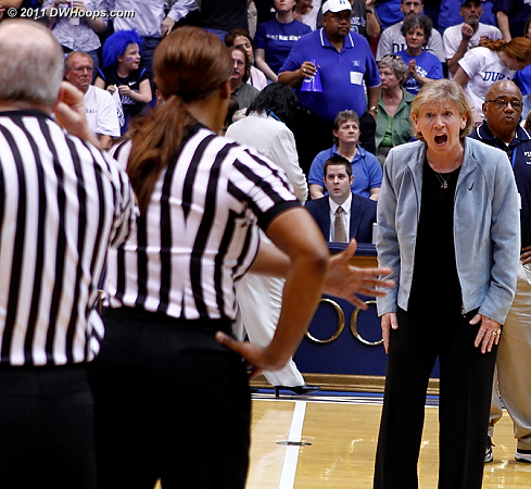 Sylvia Hatchell berates Carla Fountain for not calling a technical foul for delay of game against Duke.  Krystal Thomas did catch the ball after the Wells free throw, but no warning was issued.  