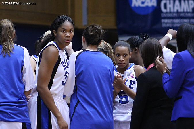 Serious seniors in the pregame huddle  - Duke Tags: #5 Jasmine Thomas, #34 Krystal Thomas 
