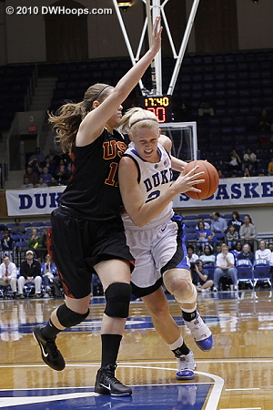 Kathleen Scheer tries to drive around USC's Cassie Harberts  - Duke Tags: #24 Kathleen Scheer 