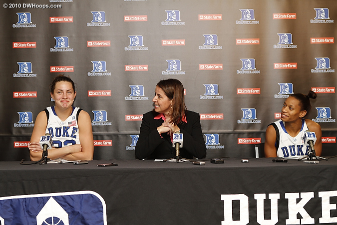 Haley Peters, Coach P, and Jasmine Thomas in the media room  - Duke Tags: #5 Jasmine Thomas, #33 Haley Peters, Joanne P. McCallie 