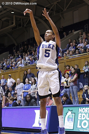 A wide open look for Jasmine Thomas, more often than not teams pay for it.  - Duke Tags: #5 Jasmine Thomas 