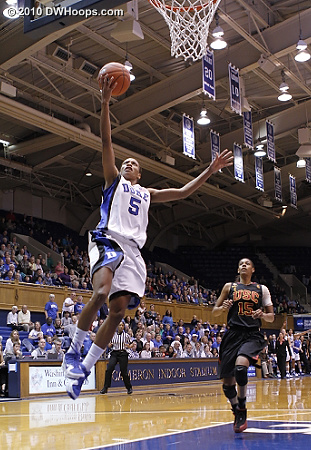 Jasmine Thomas soars to the goal.  - Duke Tags: #5 Jasmine Thomas 