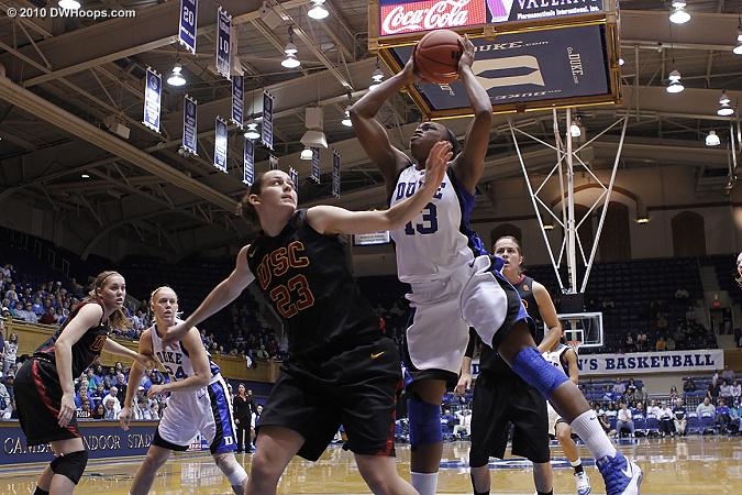 Karima Christmas scores over Jacki Gemelos, drawing the foul  - Duke Tags: #13 Karima Christmas 