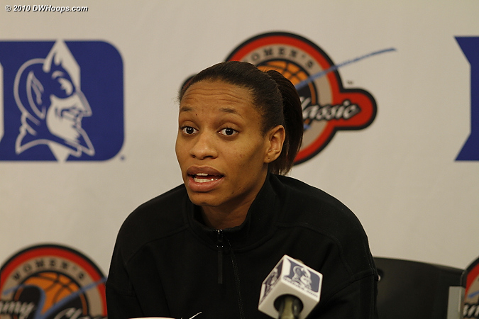 A modest Jasmine Thomas in the media room, a superstar and team player.  - Duke Tags: #5 Jasmine Thomas 