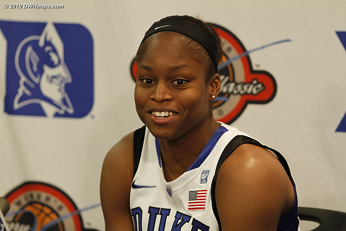 A beaming Karima Christmas was glad to finally get a win against her home state Aggies.  - Duke Tags: #13 Karima Christmas 