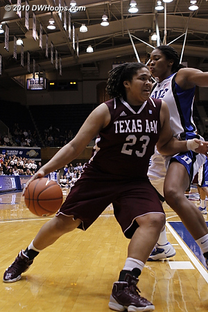 Danielle Adams drives on Krystal Thomas  - Duke Tags: #34 Krystal Thomas 