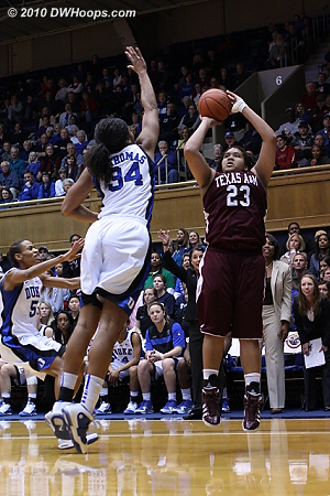 Duke's defense was effective in forcing Danielle Adams to take lower percentage shots outside the paint.  - Duke Tags: #34 Krystal Thomas 