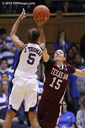Jasmine Thomas finally got going after a slow start, scoring five in the last five minutes of the first half.  - Duke Tags: #5 Jasmine Thomas 