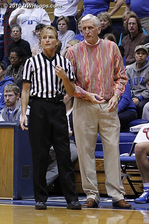 Referee Dee Kantner (talking to Al Brown) was a late replacement for Dennis DeMayo - both are among the nation's top women's basketball officials.  - Duke Tags: Al Brown 