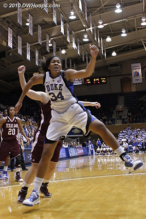 Krystal Thomas is fouled by Kelsey Assarian (obscured), giving Duke the chance to take their first lead in over eight minutes.  - Duke Tags: #34 Krystal Thomas 