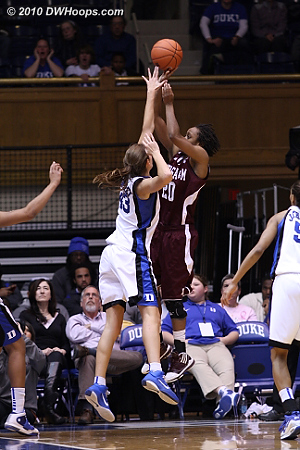 Tyra White sinks a baseline J over Vernerey as the lead trading continued.  - Duke Tags: #43 Allison Vernerey 