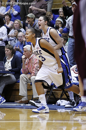 Duke bench reacts to the clutch shot by Jasmine Thomas  - Duke Tags: #3 Shay Selby, #33 Haley Peters 