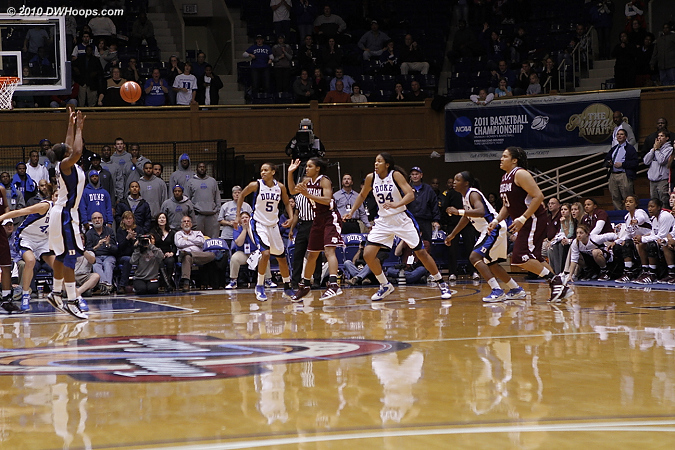 A Duke turnover gave A&M one last chance down three, but Karima Christmas stepped into the passing lane to prevent the Aggies from getting a last shot.  Duke wins!  