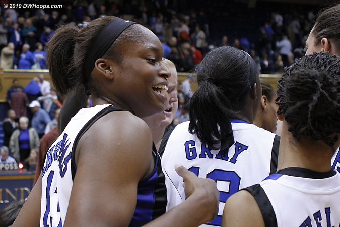 Karima as the Duke victory huddle breaks.  - Duke Tags: #13 Karima Christmas 