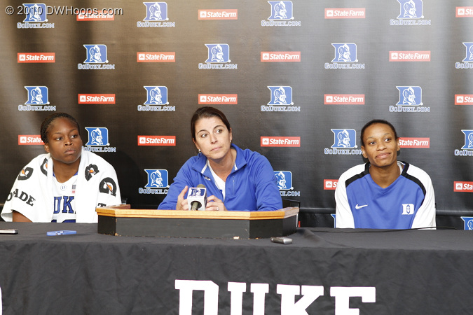 Karima Christmas, Joanne P. McCallie, and Jasmine Thomas in the media room postgame.