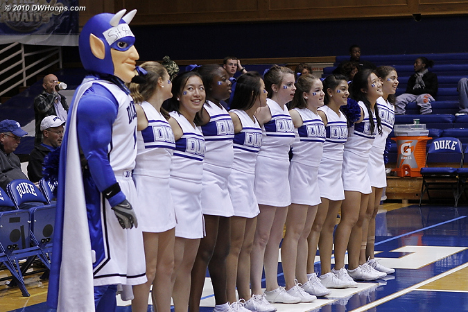 A happy line after the win  - Duke Tags: Duke Cheerleaders, Duke Blue Devil Mascot 