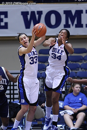 Haley Peters rips down a rebound  - Duke Tags: #33 Haley Peters, #34 Krystal Thomas 