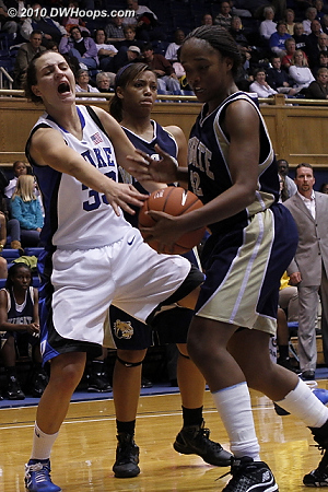 Haley Peters expresses her frustration after being stripped by Wingate's Shey Brown  - Duke Tags: #33 Haley Peters 