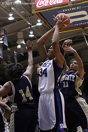 Krystal grabs a tough board and is hacked -- she had 22 rebounds tonight.  - Duke Tags: #34 Krystal Thomas 