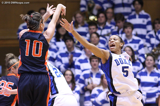 Katlin Moore led Carson-Newman with 19 points including this bomb over Jasmine Thomas  - Duke Tags: #5 Jasmine Thomas 
