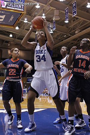 Krystal with a stickback and the foul  - Duke Tags: #34 Krystal Thomas 
