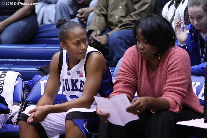 A concerned Shay Selby on the bench with assistant Stafford-Odom  - Duke Tags: #3 Shay Selby, Trisha Stafford-Odom 