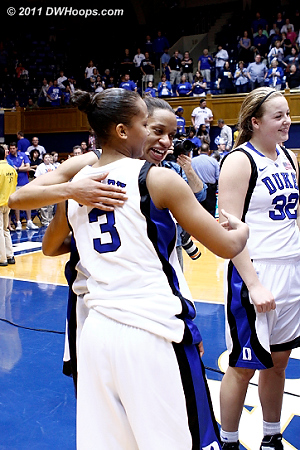 Jasmine and Shay get a hug  - Duke Tags: #3 Shay Selby, #5 Jasmine Thomas 
