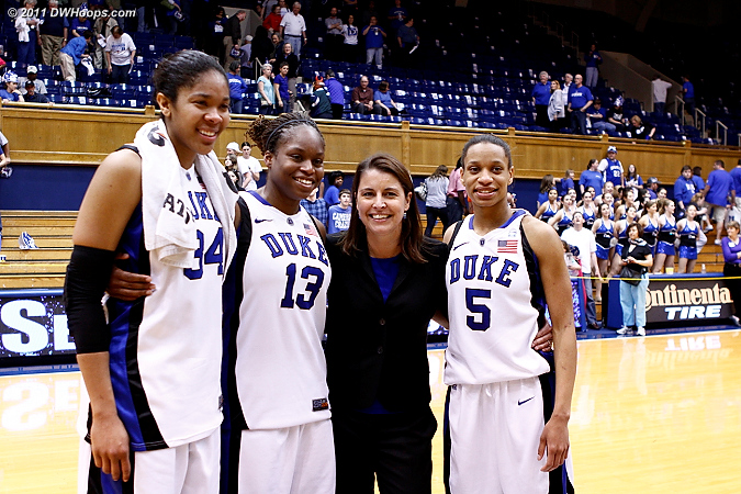 The Class of 2011 with Coach P  - Duke Tags: #5 Jasmine Thomas, #13 Karima Christmas, #34 Krystal Thomas, Joanne P. McCallie 