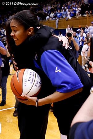 Krystal gets a BIG hug from Coach P  - Duke Tags: #34 Krystal Thomas, Joanne P. McCallie 