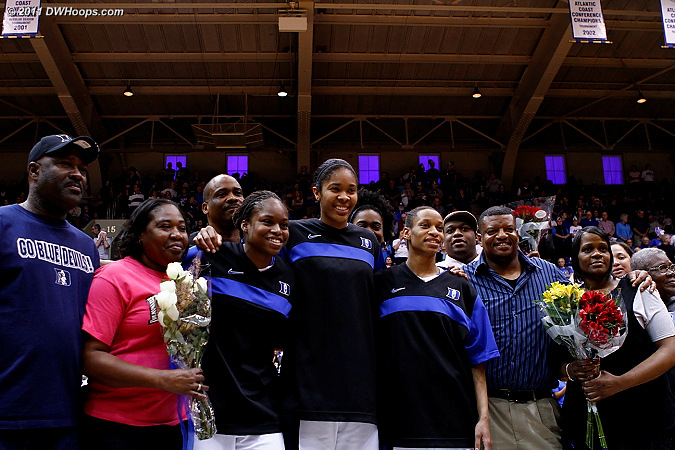 The Class of 2011 and their families on Senior Night  - Duke Tags: #5 Jasmine Thomas, #13 Karima Christmas, #34 Krystal Thomas 