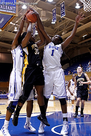Hayes (35) blocked by both Henson and Williams  - Duke Tags: #1 Elizabeth Williams, #30 Amber Henson 