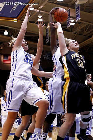 Elizabeth Williams gathers in a rebound over Christina Harvey (32)  - Duke Tags: #1 Elizabeth Williams, #32 Tricia Liston 