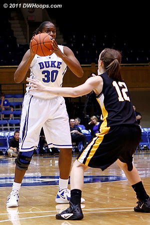Amber reads the Pfeiffer defense from the high post  - Duke Tags: #30 Amber Henson 